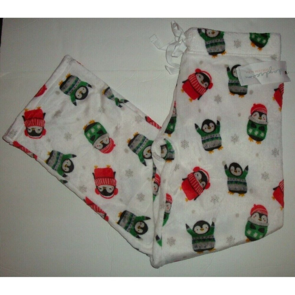 Daydream Women's Christmas Minky Soft Fleece Sleep Pajama Pants White Penguins L
